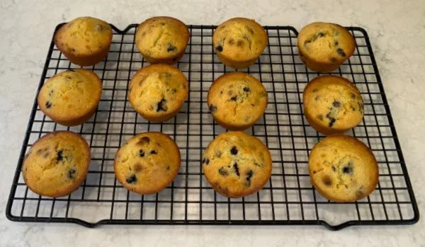 Frozen Wild Blueberry Muffins Cool on Wire Rack