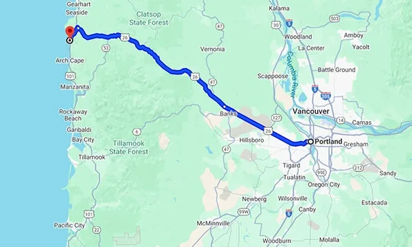 Google Maps Portland Oregon to Cannon Beach Oregon