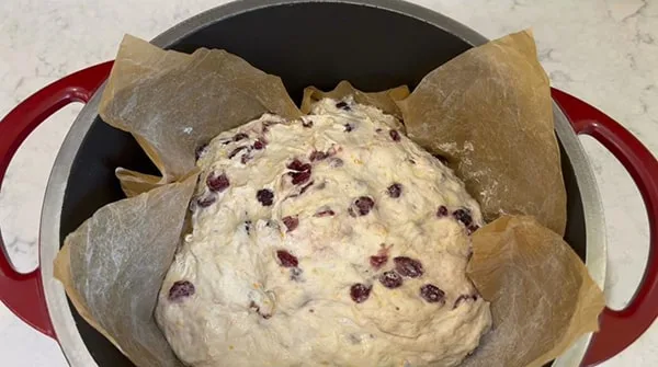 No Knead Dutch Oven Bread Place Dough with Parchment Paper in the Dutch Oven