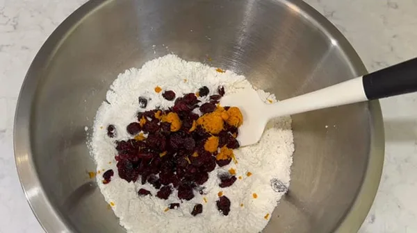 No Knead Dutch Oven Bread Stir Dried Cranberries and Orange Zest