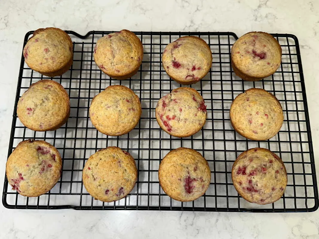 Raspberry Muffins with Frozen Raspberries Cool Completely