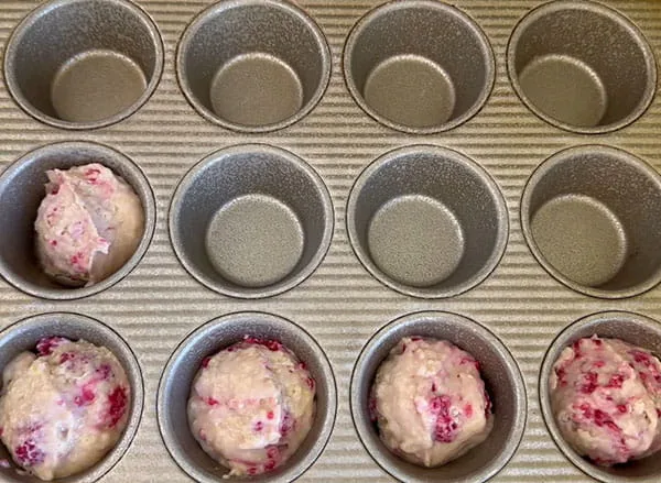 Raspberry Muffins with Frozen Raspberries in Muffin Pan